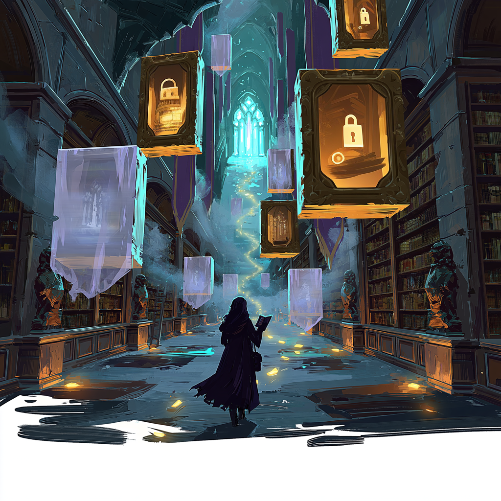 Walking a candlelit library where future scenes hang veiled and locked