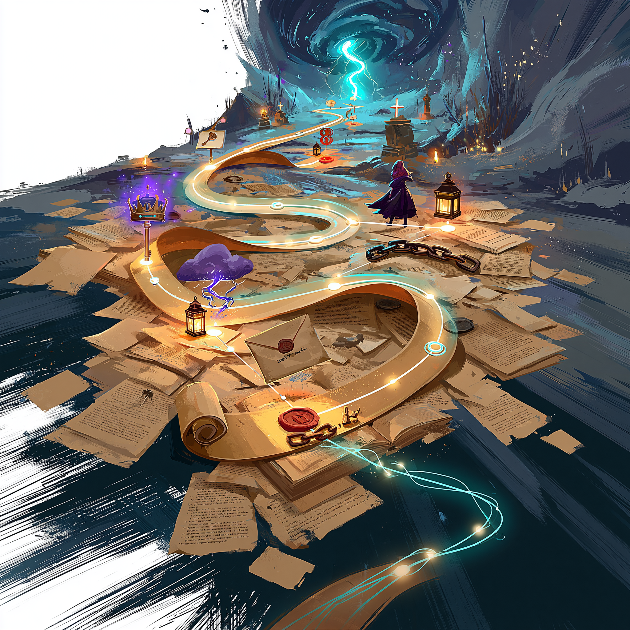 A glowing path retraces story events across scattered pages