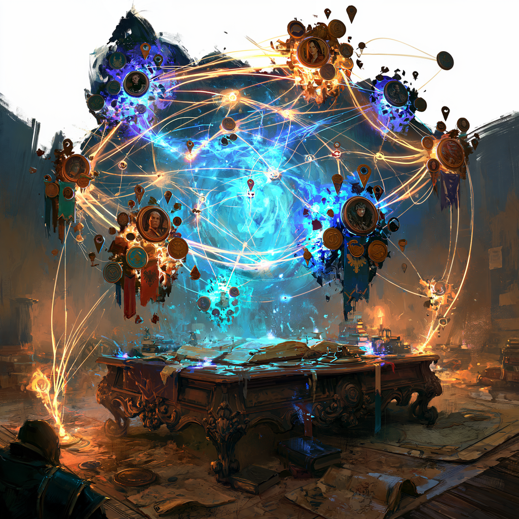 Factions and characters woven into a glowing web over a map