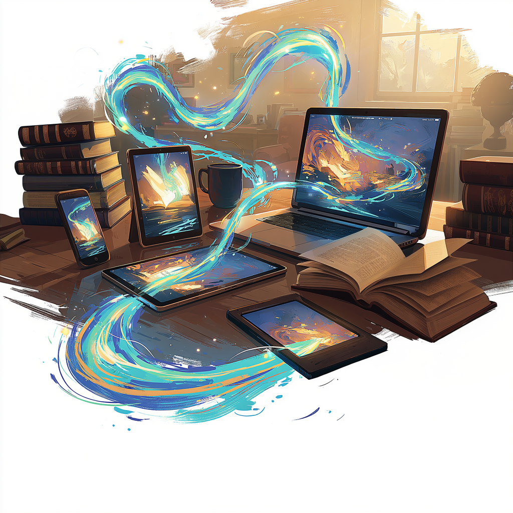 One story flowing between laptop, tablet, phone, and e-reader